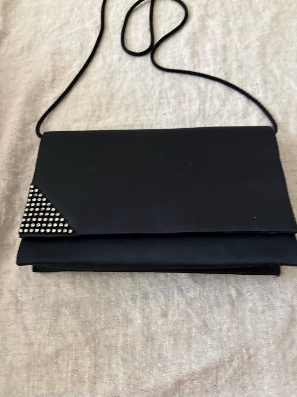 Vintage Style Black Satin Evening Clutch - Shoulder Bag - Rhinestone Details